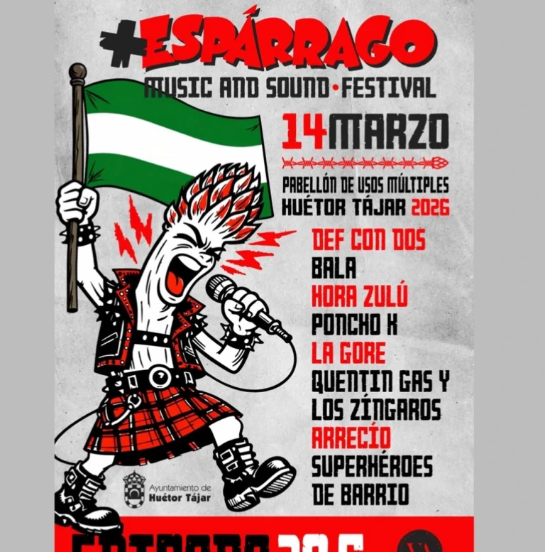 Cartel oficial del Festival +Espárrago Music and Sound 2026 en Huétor Tájar, Granada, con el apoyo de la IGP Espárrago, mostrando un punk-rocker de espárrago y el cartel con Def Con Dos y Hora Zulú.